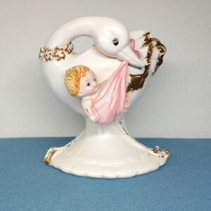 Lefton Porcelain Vase Baby Girl Planter Container Bird 1963 Vintage #1789 Pink